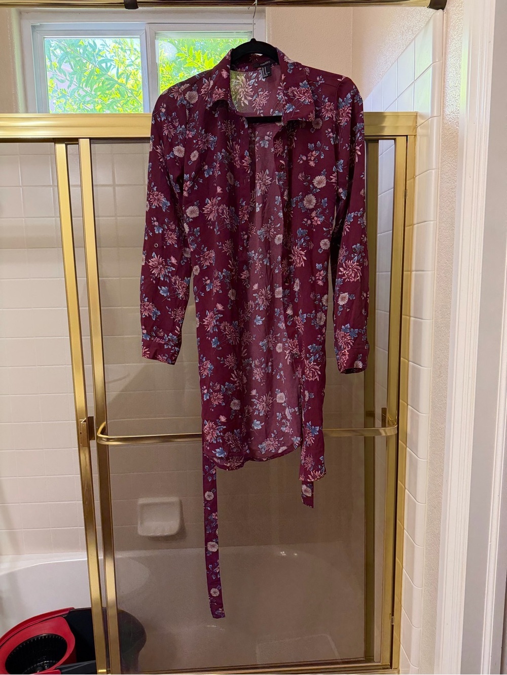 Forever 21 Floral Longline Shirt Jacket in Wine Burgundy